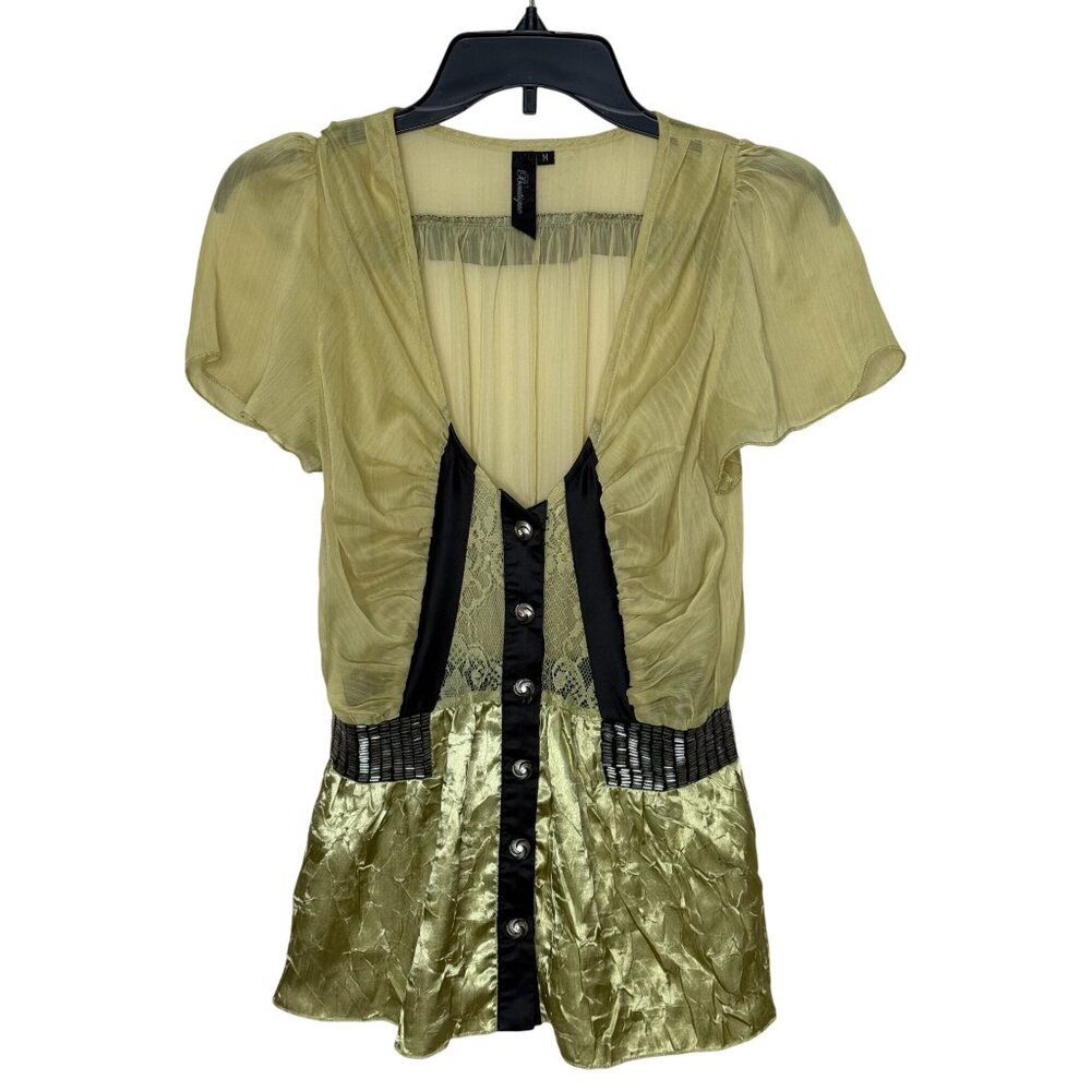 Boutique Sheer Green Black Med‎ Top Beaded Silver Buttons Y2K Whimsigoth Renfair